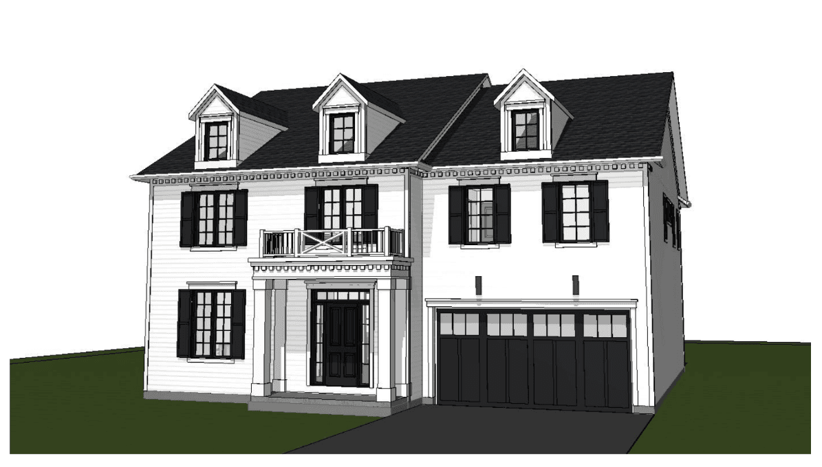 Rendering of the two-storey home planned for Lot 1 on Mississauga Road, white siding with black-trim dormers